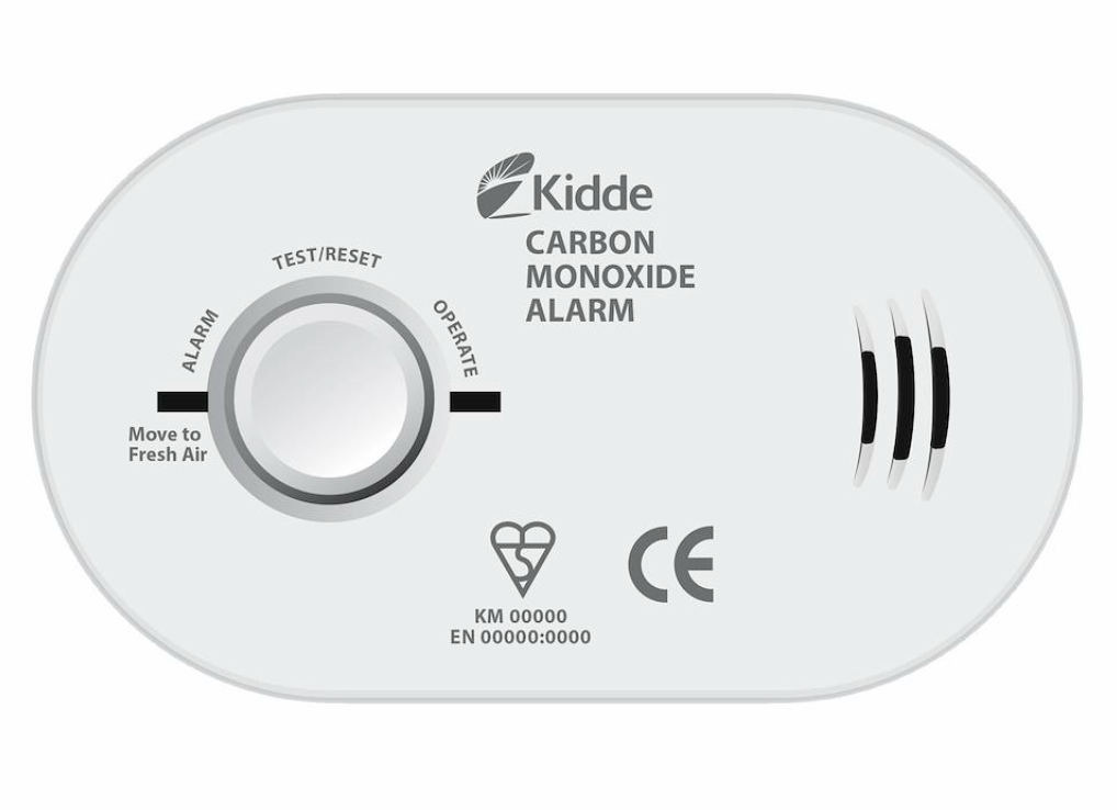 Kidde carbon monoxide alarm, oval shape with a test button and indicator lights.