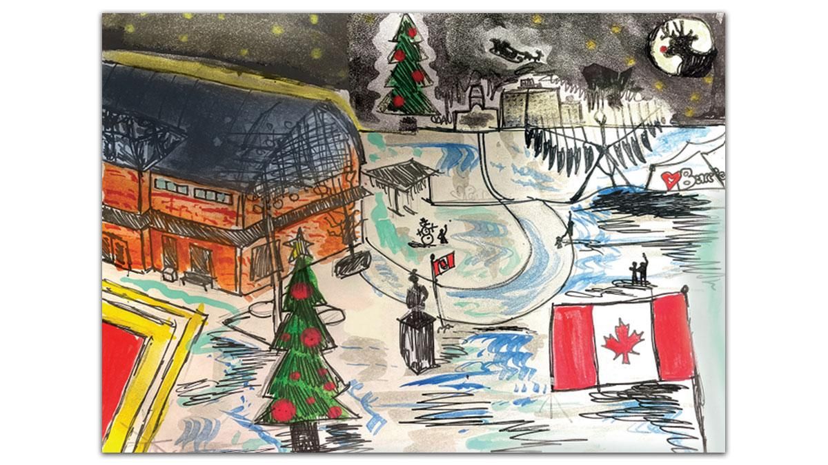 A festive winter scene featuring a building, a Christmas tree, the Spirit Catcher, and a Canadian flag.