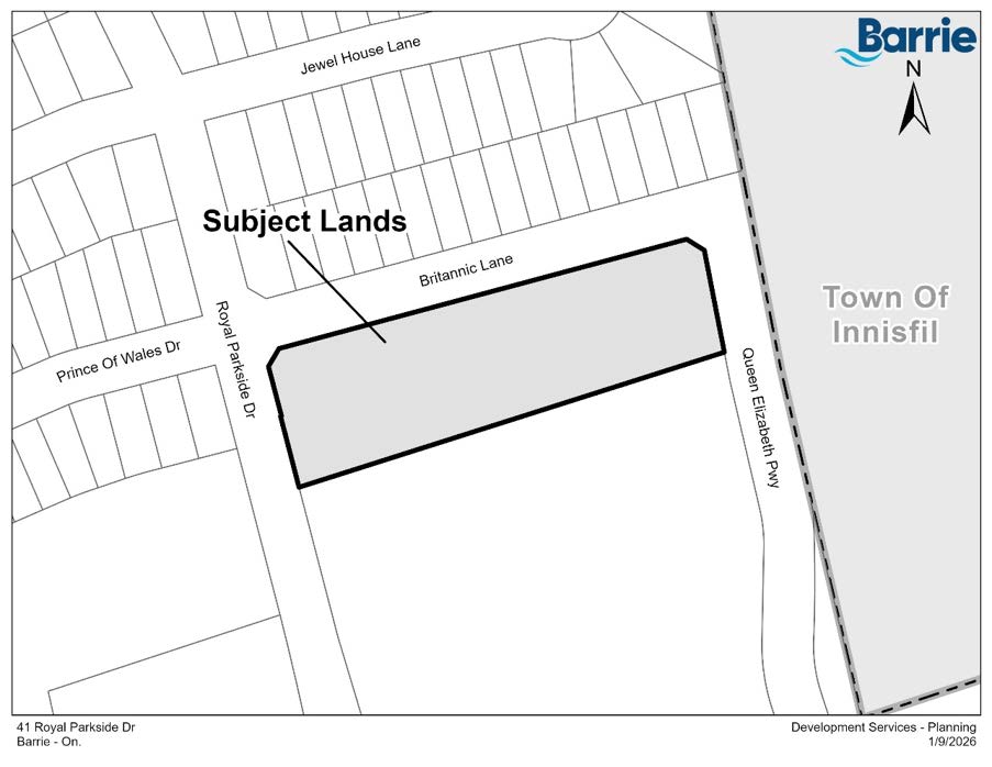 Map identifying the subject lands bordered by Royal Parkside Drive to the west, Britannic Lane to the north, and Queen Elizabeth Parkway to the east.