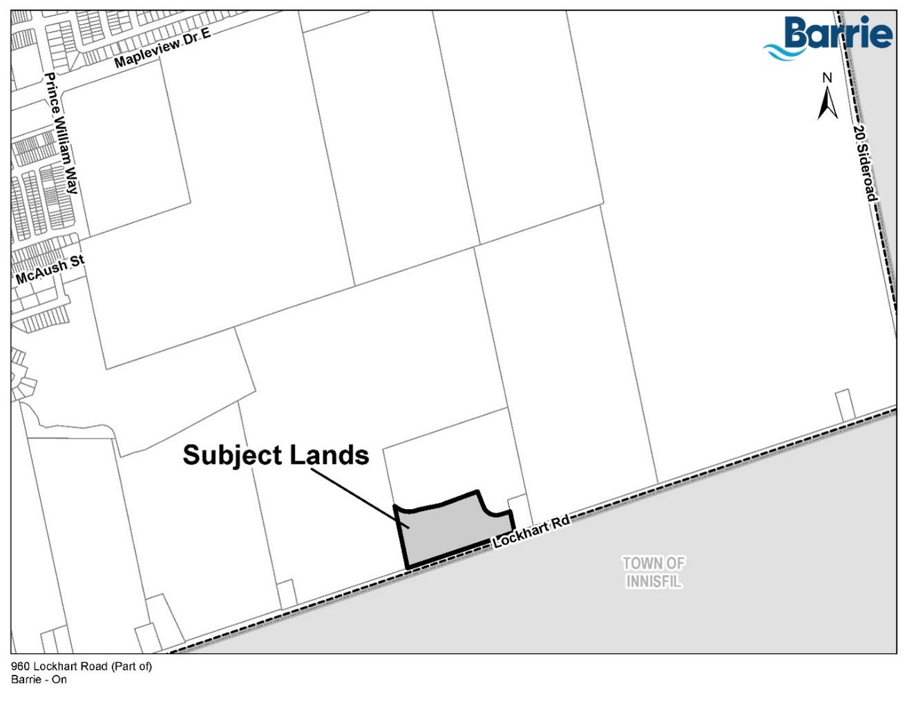 Map identifying the subject lands on the north side of Lockhart Road, west of 20 Sideroad and south of Mapleview Drive East.