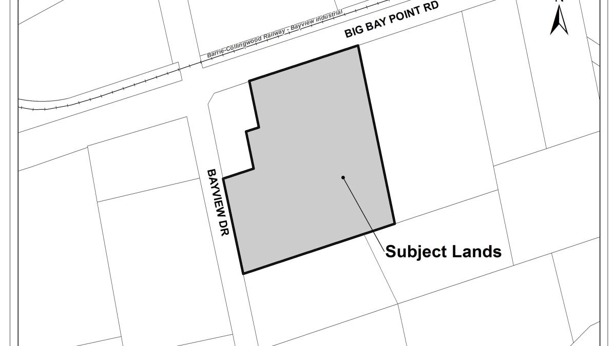 Map outlining the subject lands for a proposed development at 375 Bayview Drive
