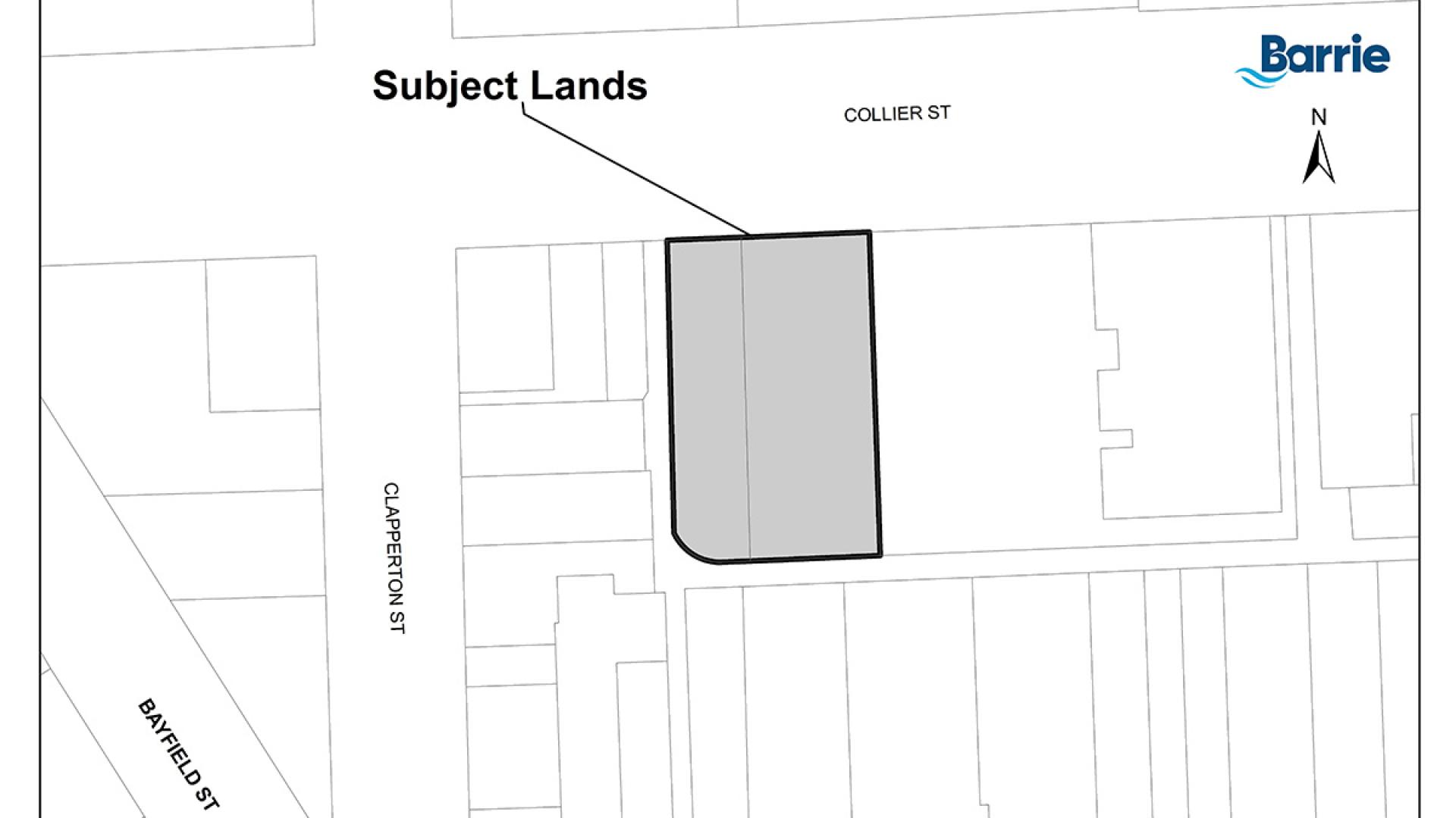 Map outlining the subject lands for a proposed development at 21 and 23 Collier Street