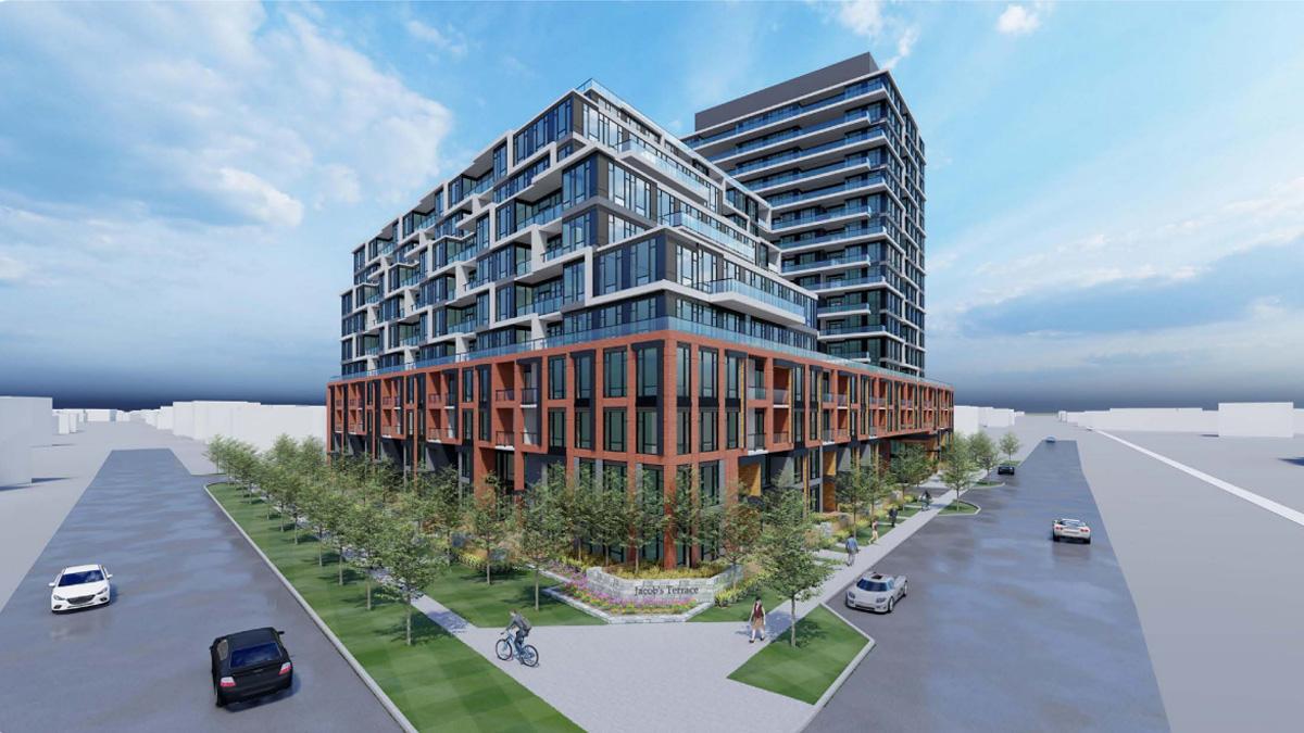 Rendering of proposed development showing building and nearby roads