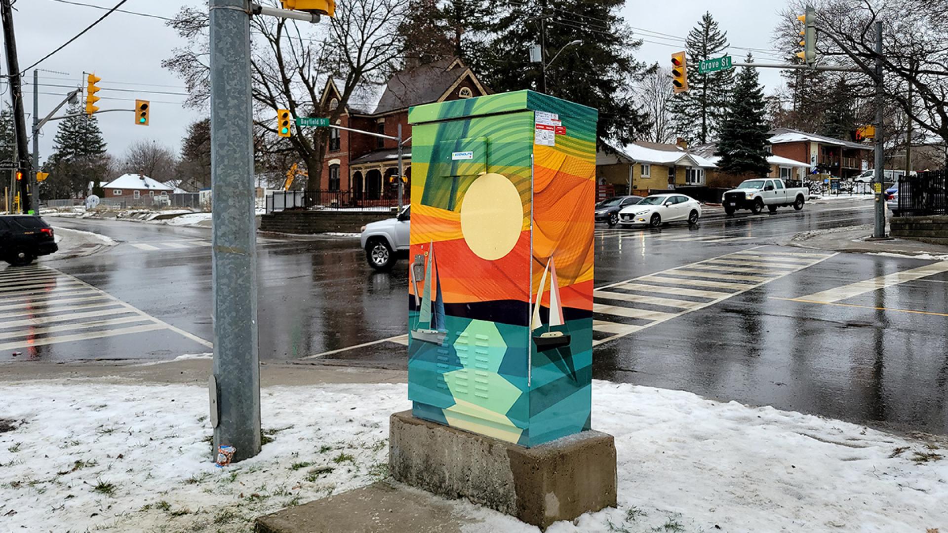 Public art wrap designed by Andrea Cook, located at Bayfield & Grove