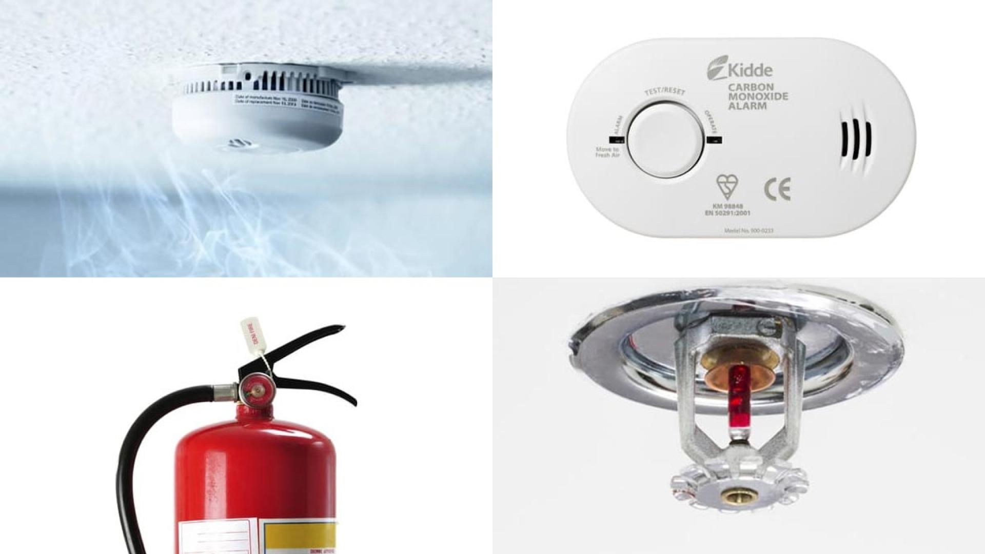 Smoke alarn, CO alarm, fire extinguisher, sprinkler