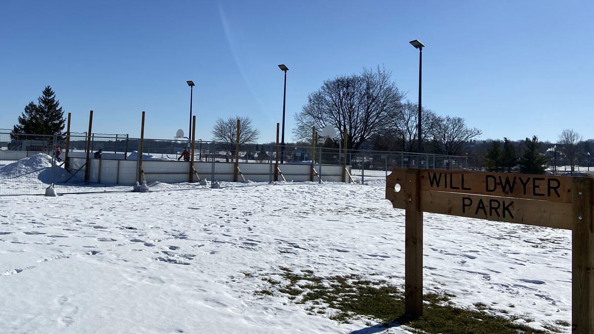 Will Dwyer Park sign with rink in background