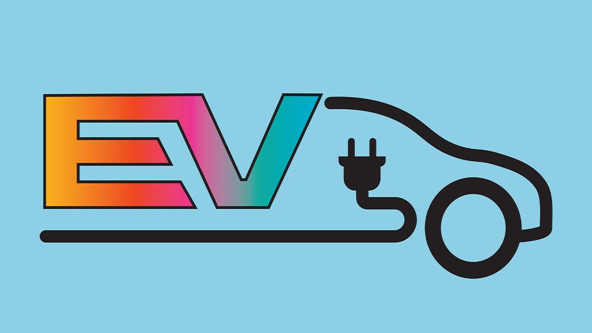 outlined of electric vehicle and charging icon | Text: EV