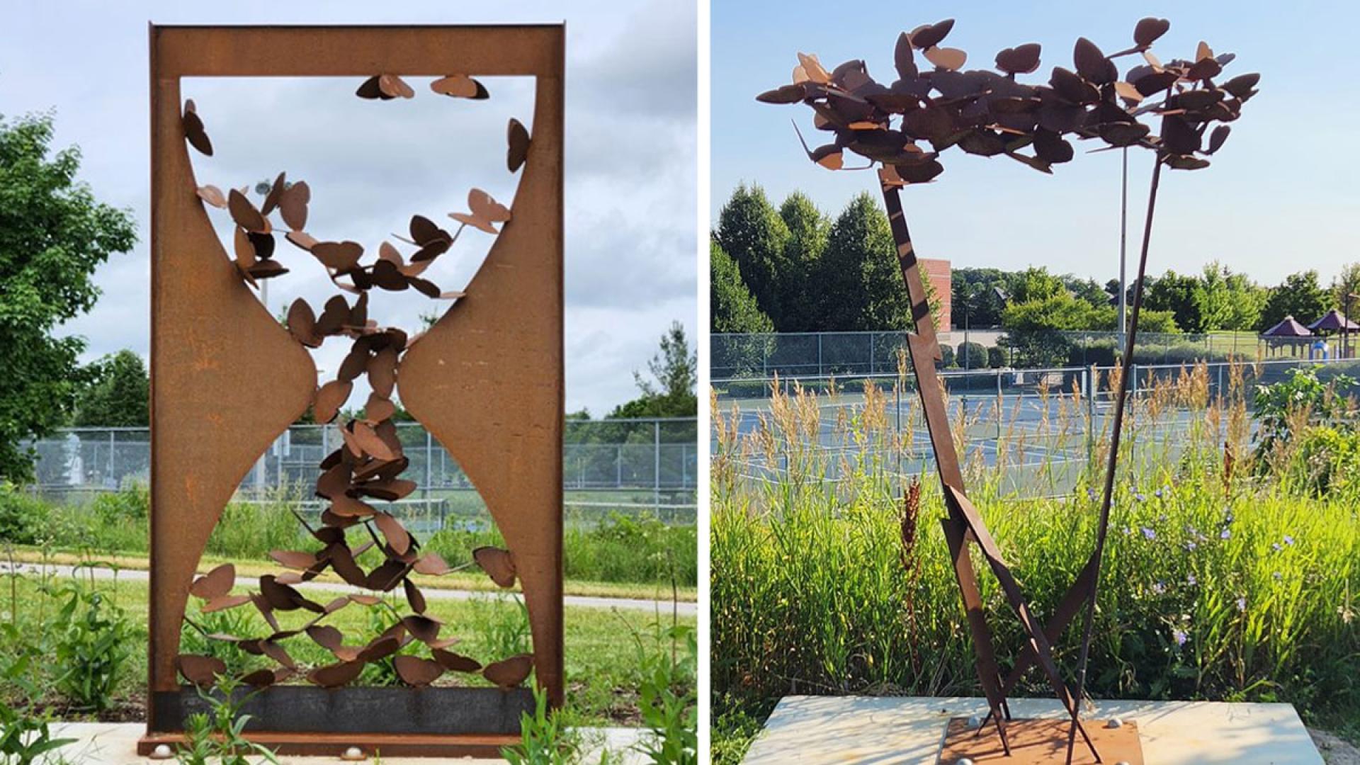 laser cut mild steel sculptures in the shapes of an hourglass and lightening bolt