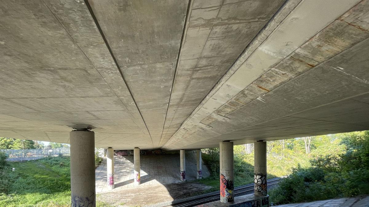 A view of completed soffit work looking west from east abutment