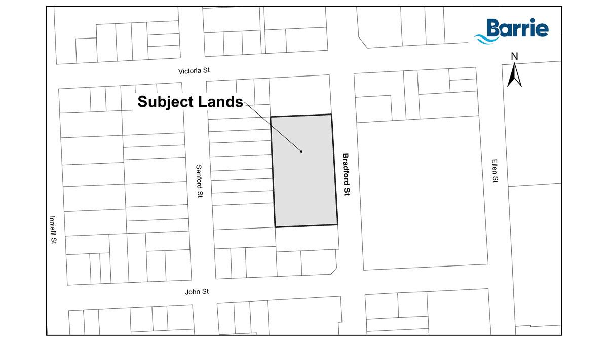 Map outlining the subject lands at 126, 136 & 140 Bradford Street, Barrie