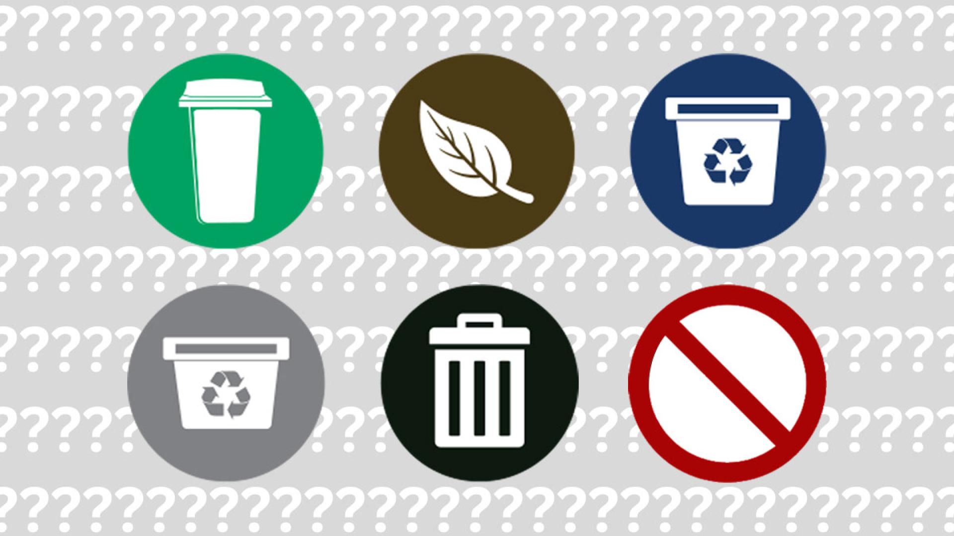Icons for waste sorting over background pattern of question marks