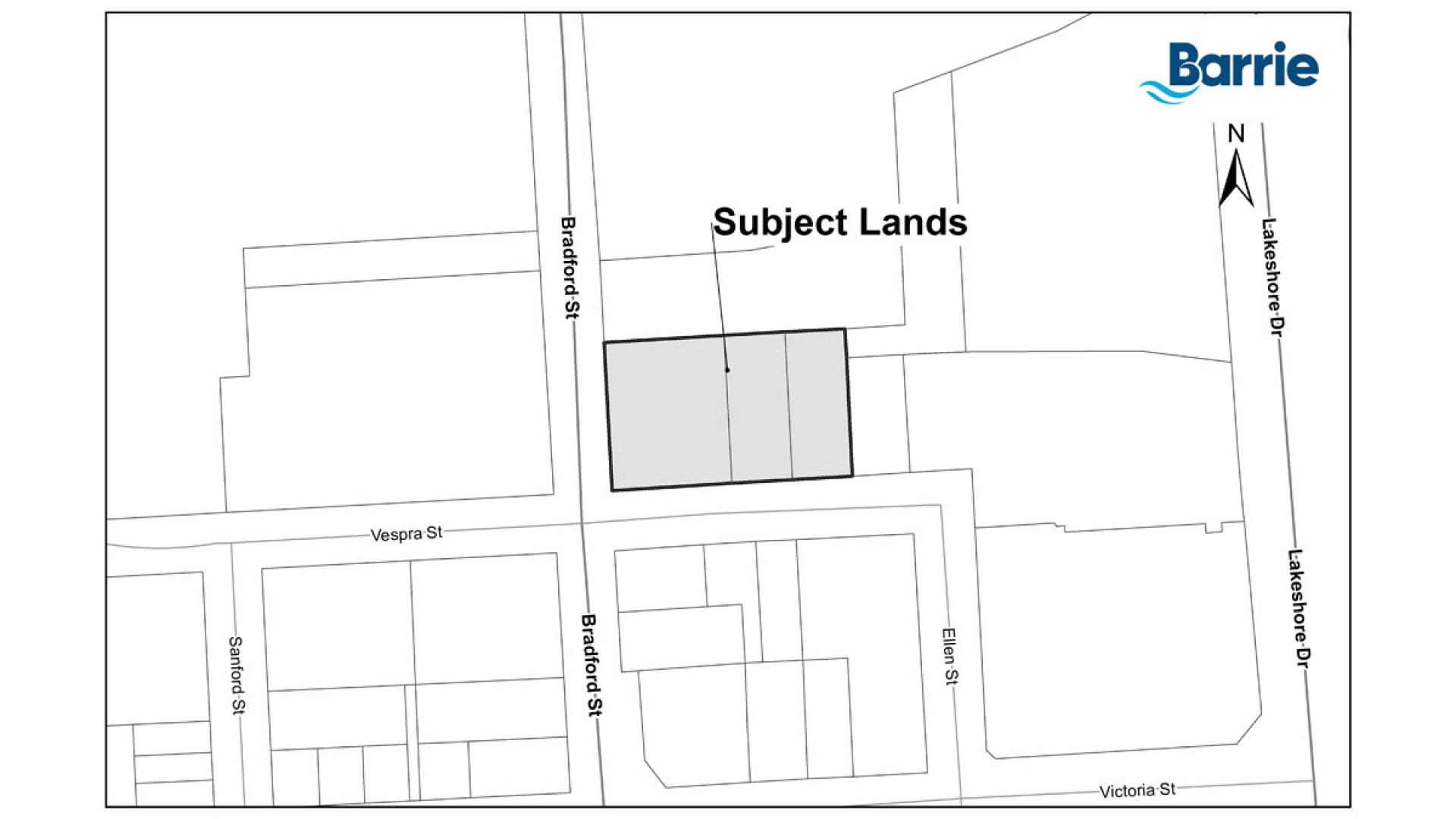 Key map outlining the subject lands for a proposed development at 97 & 101 Bradford Street and 22, 28 & 34 Vespra Street