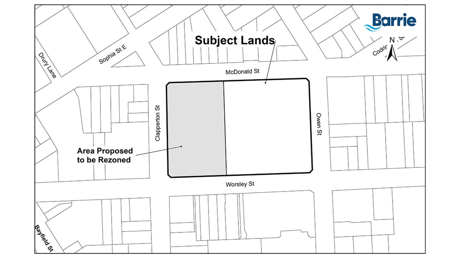 Key map of subject lands for a proposed development at 50 Worsley Street, Barrie. 