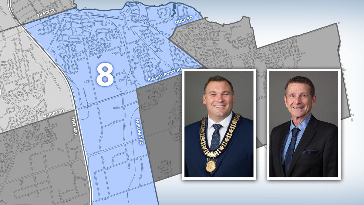 map highlighting boundary for ward 8, with headshot of mayor and councillor
