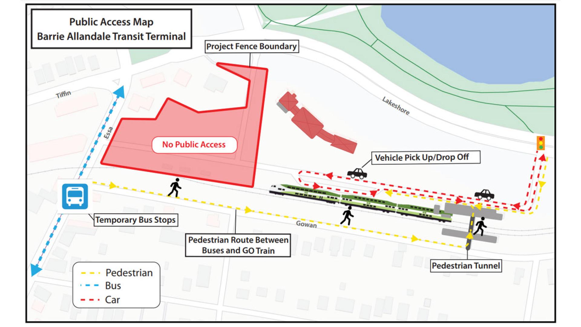 Map outlining the construction impacts at the Barrie Allandale Transit Terminal