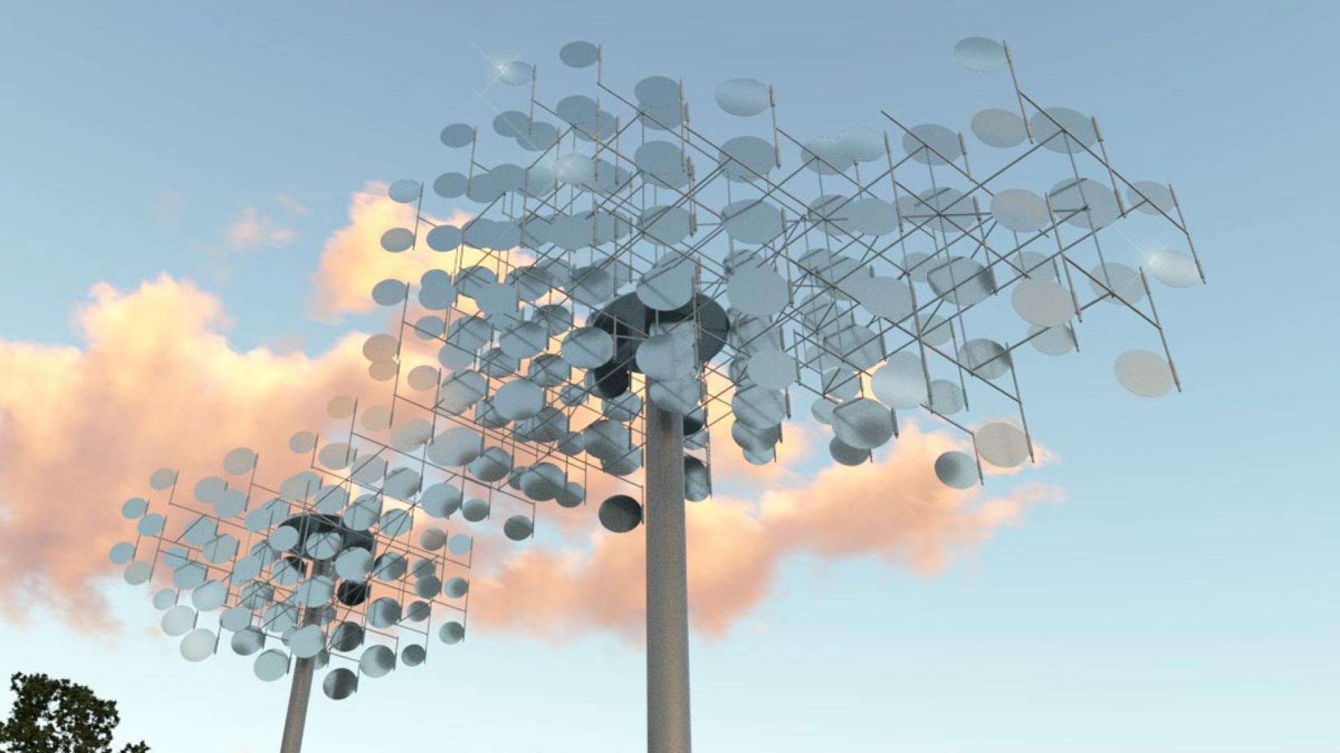 Rendering of public art piece made of mirror finished stainless steel paddles connected to a stainless-steel armature, perched atop two painted structural steel poles. 