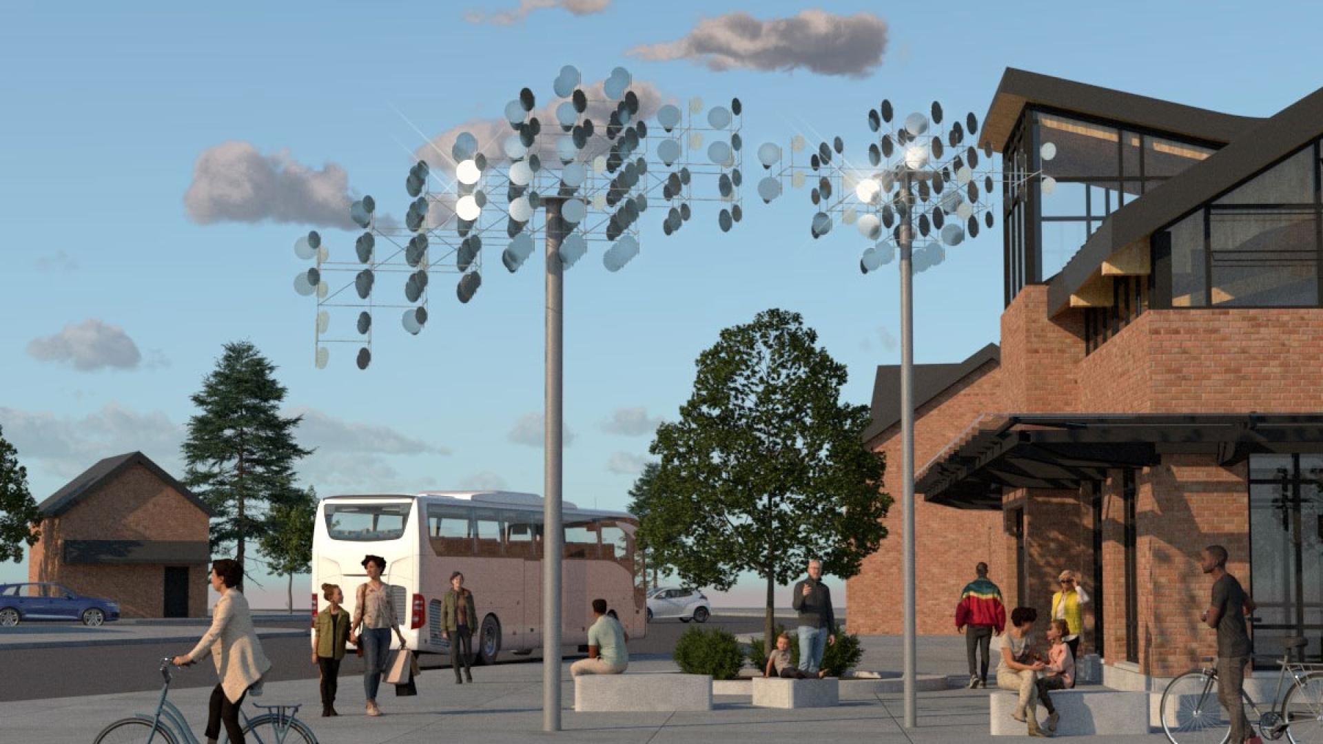 Rendering of public art piece made of mirror finished stainless steel paddles connected to a stainless-steel armature, perched atop two painted structural steel poles. 