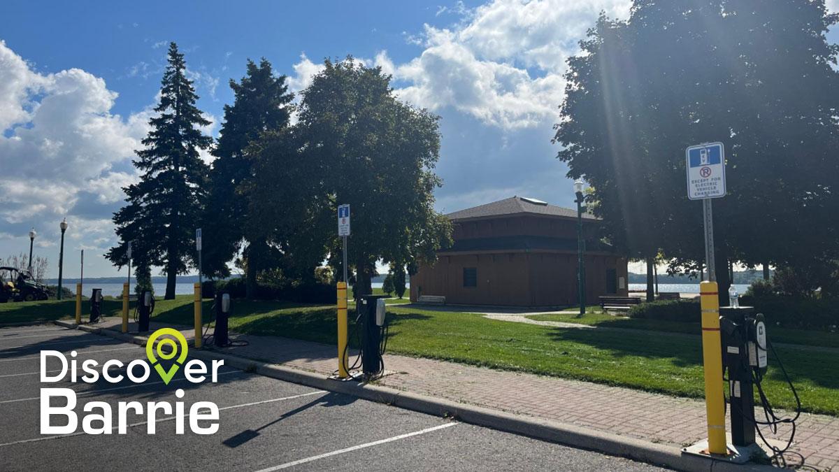 Electric vehicle charging stations with Discover Barrie Logo