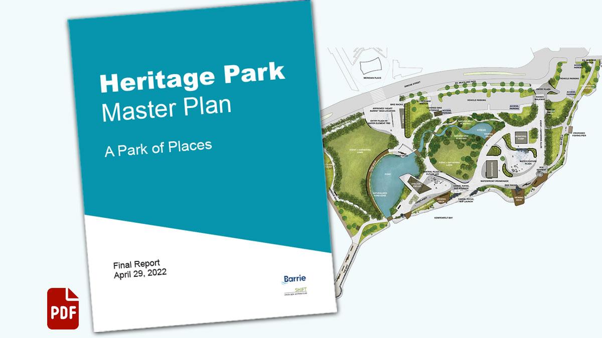 Cover of Heritage Park Master Plan document with park rendering and PDF icon