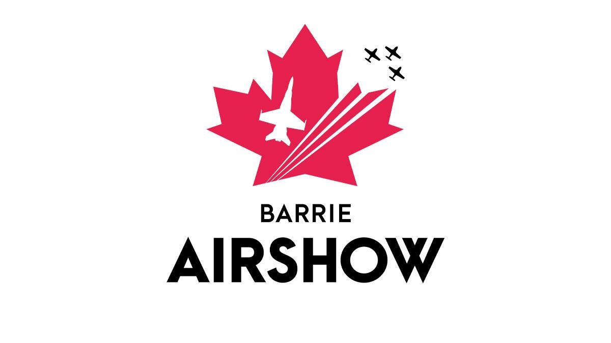 silhouette of snowbird jet over red maple leaf | text: Barrie Airshow