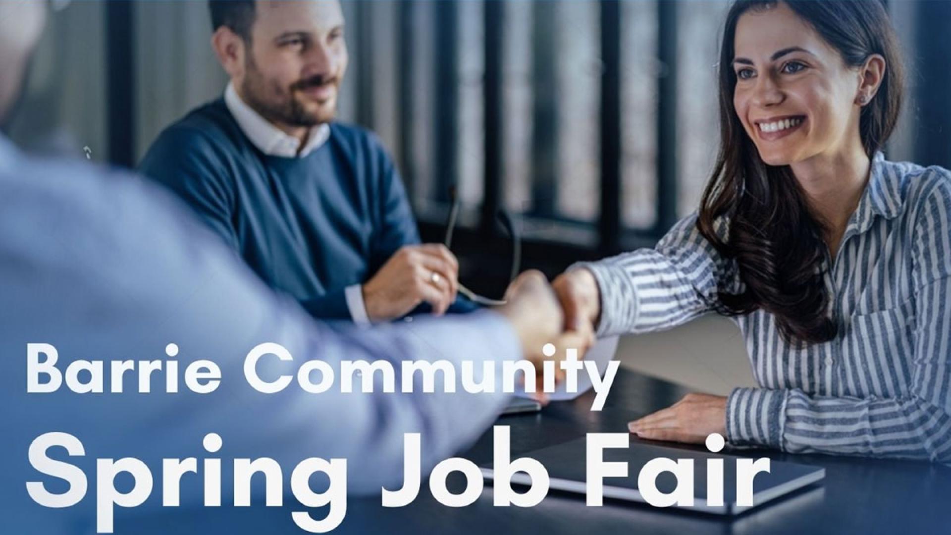 People shaking hands | Text: Barrie Community Spring Job Fair 