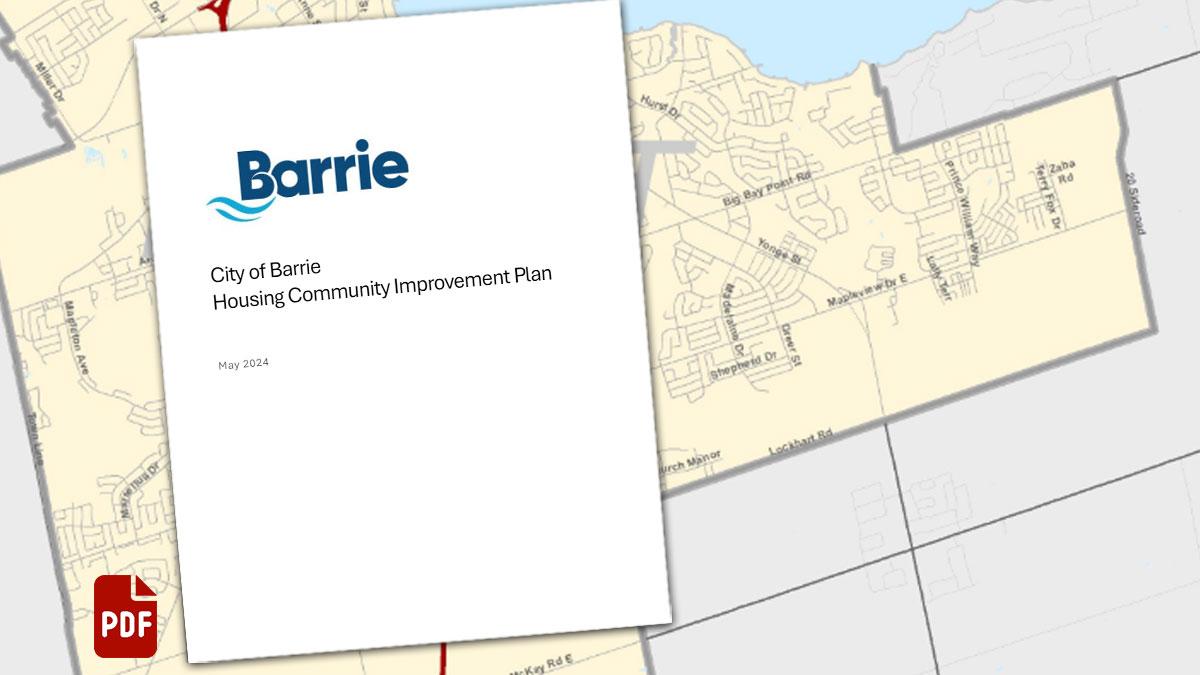 PDF icon | Housing CIP document over a map of Barrie