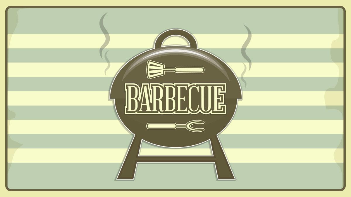 Illustration of barbecue with utensils | Text: BARBECUE