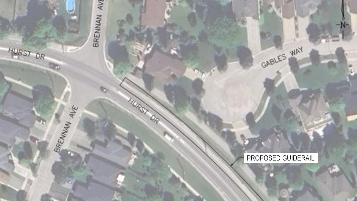 map of Hurst Drive showing where guiderail will be installed