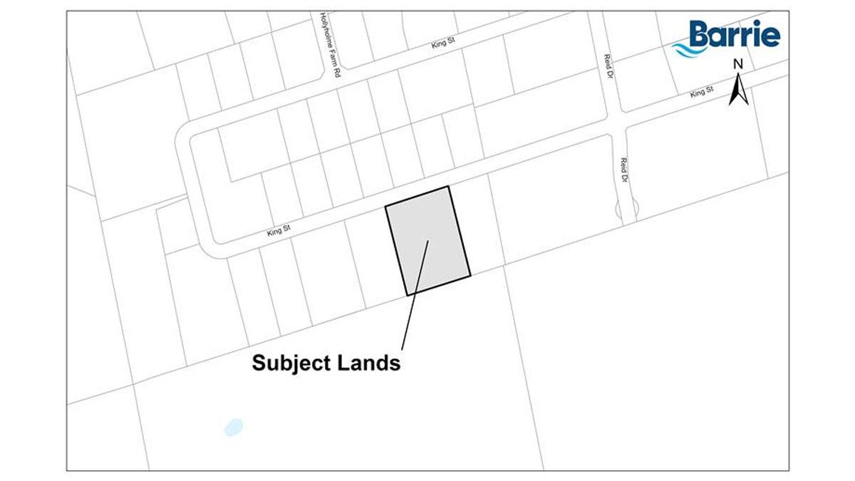 Map outlining the subject lands at 282 King Street, Barrie