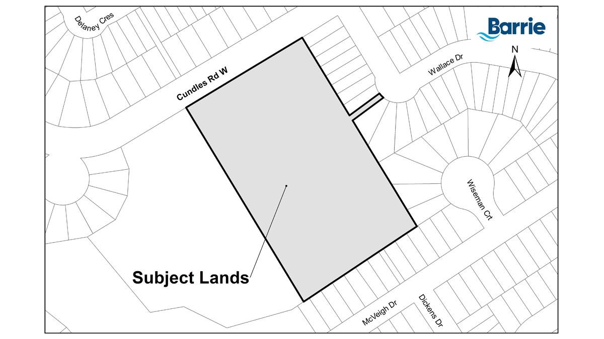 Map outlining the subject lands at 383 Cundles Road West (Emma King Elementary School)