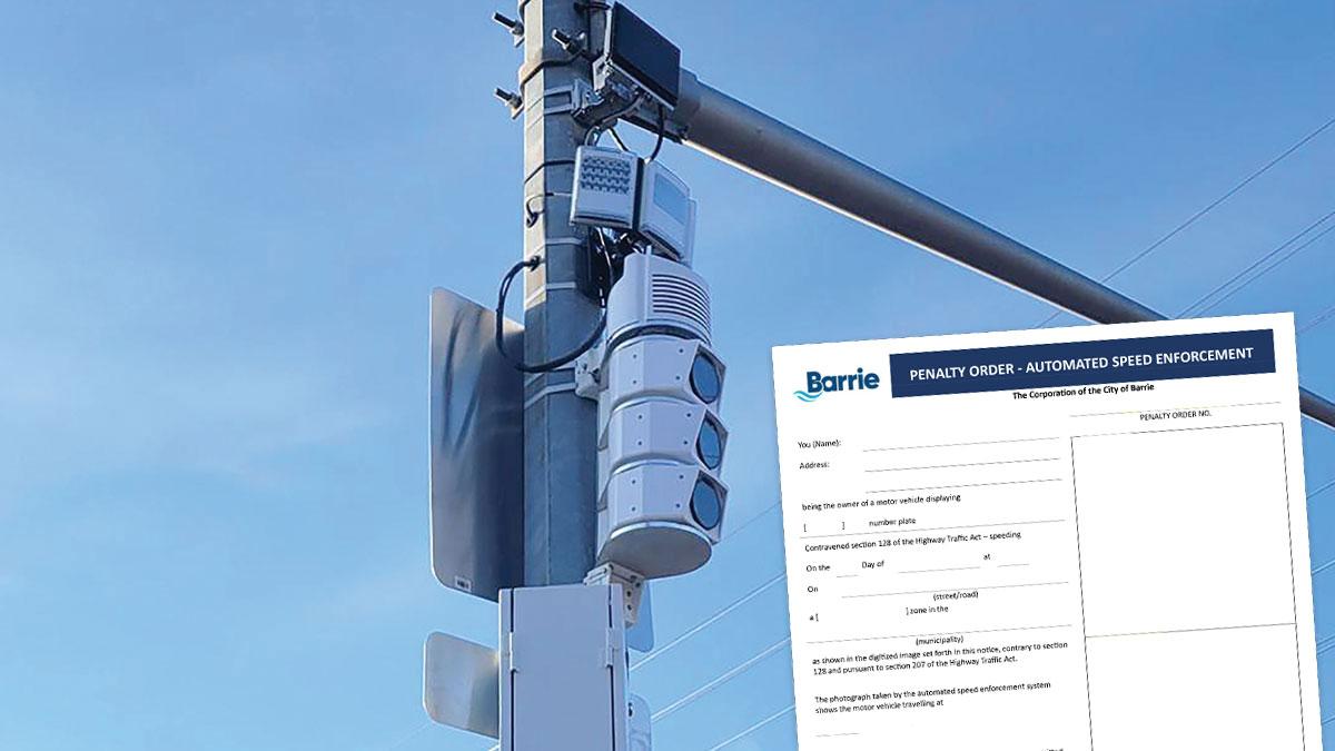 Automated speed enforcement camera with penalty order in foreground
