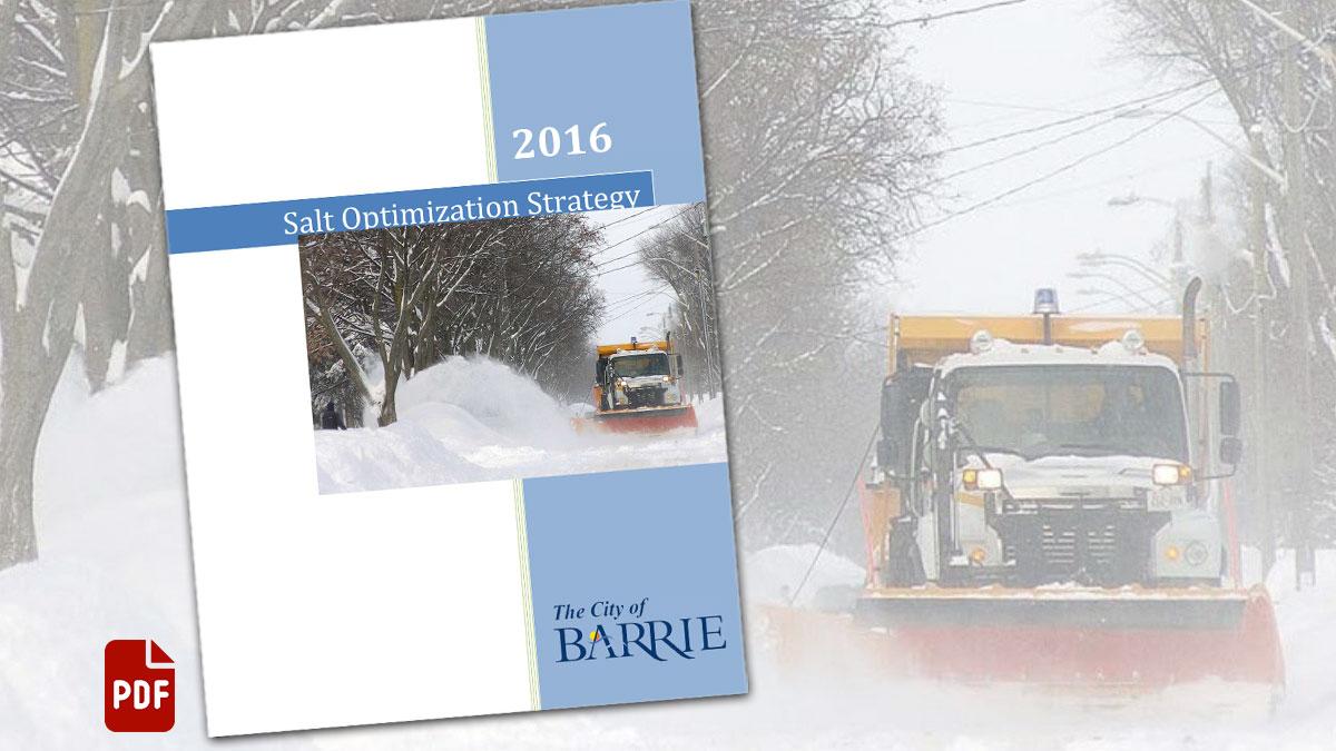 Cover of Salt Optimization Strategy document with PDF icon, with snow plow plowing significant amount of snow from road 