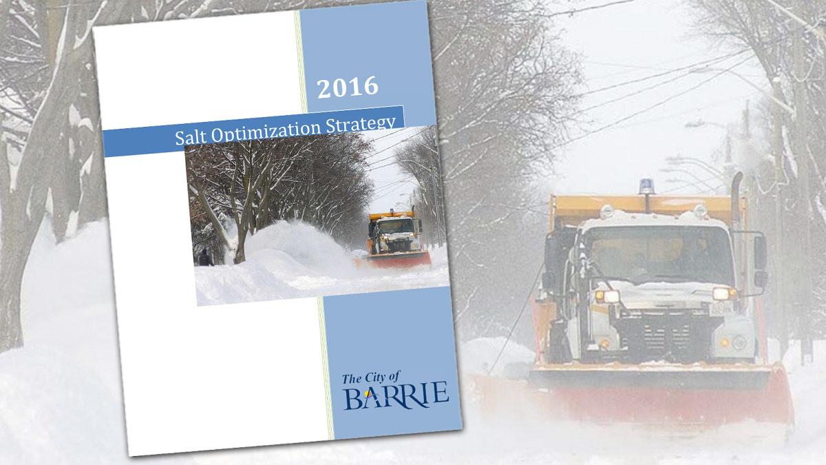 Cover of Salt Optimization Strategy document, with snow plow plowing significant amount of snow from road 