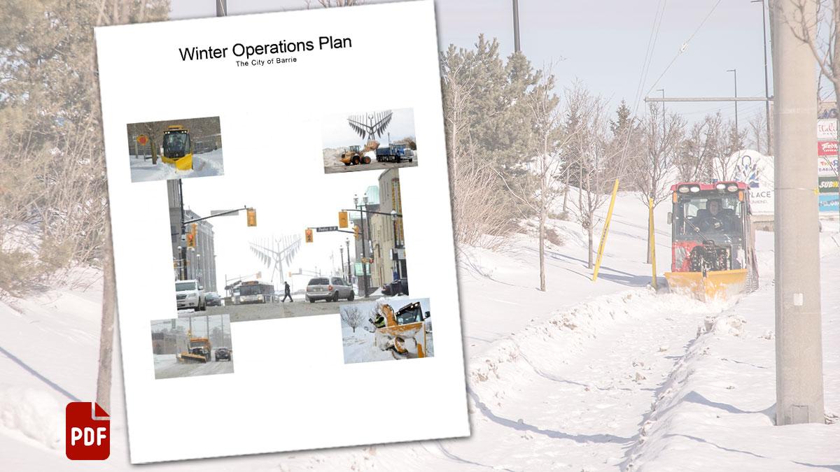 Cover of Winter Operations Plan with PDF icon over faded background of sidewalk machine