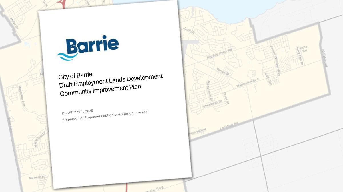 Cover of Employment Lands Development CIP with Barrie map in background