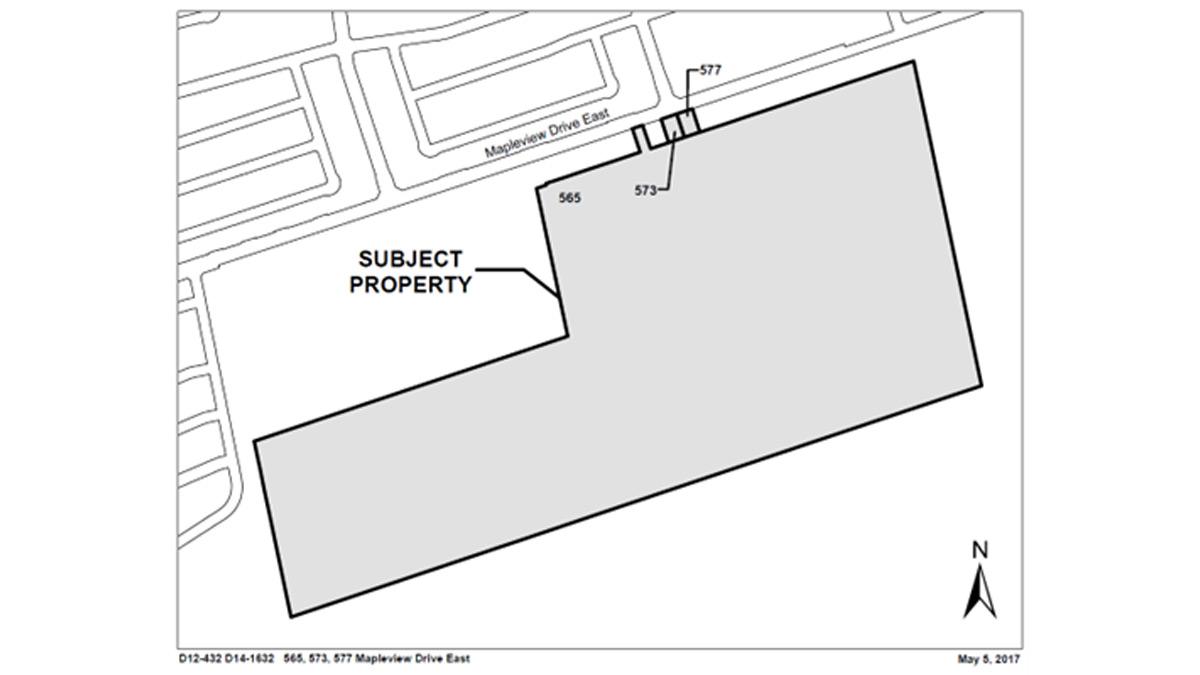 Map outlining the subject lands at 565, 573 and 577 Mapleview Drive East