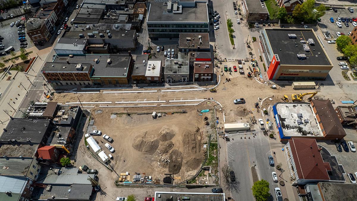 Aerial view of construction on Owen Street