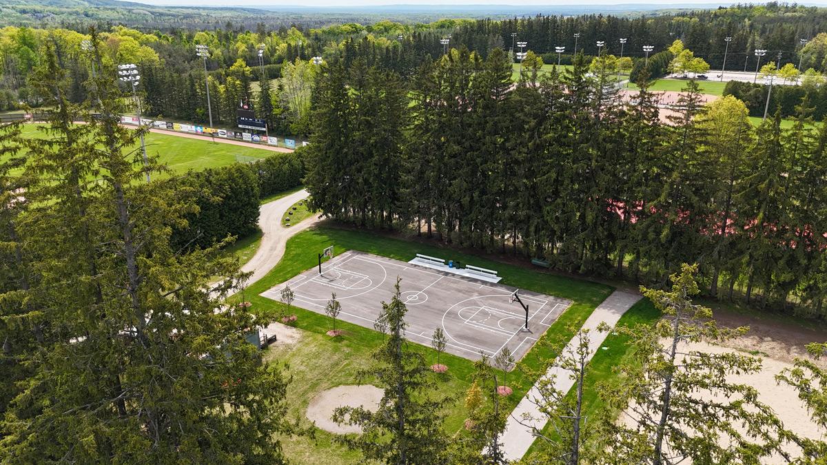 Aerial view of an outdoor multi-use court with basketball nets, surrounded by trees, with sports fields and park areas visible in the background