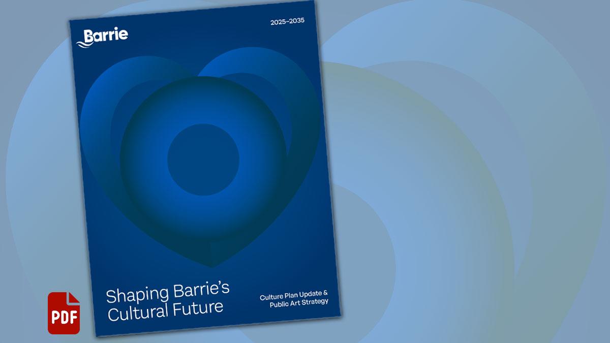 Cover of the Shaping Barrie’s Cultural Future document on blue background with PDF icon