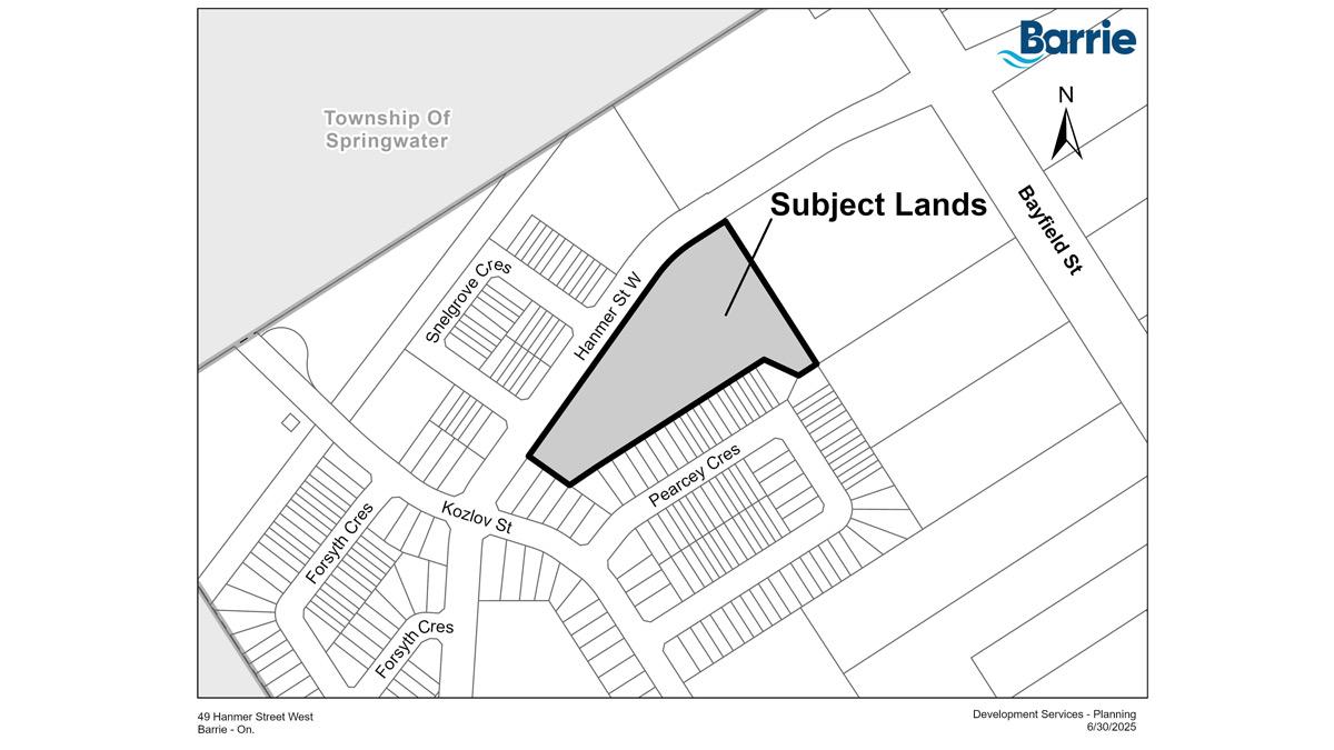 Map outlining the subject lands at 49 Hanmer Street West, Barrie