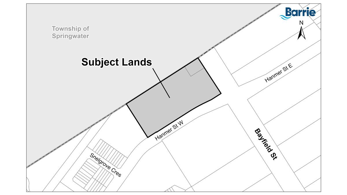 Map outlining the subject lands at 580 & 582 Bayfield Street, Barrie