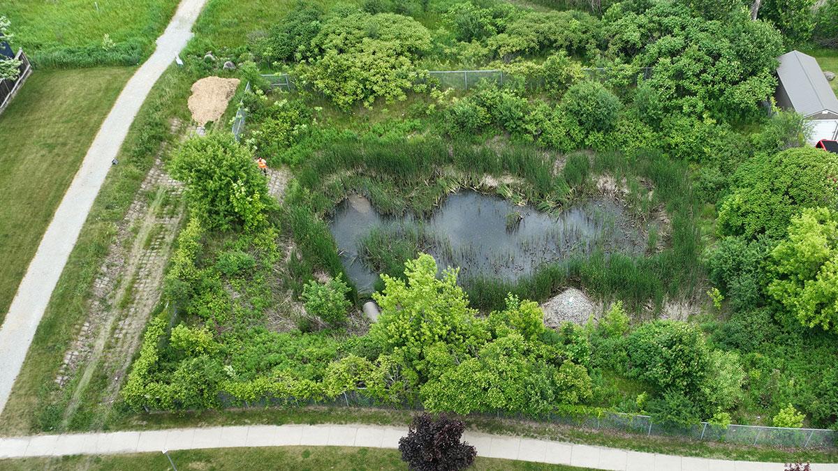 Aerial view of a stormwater management pond