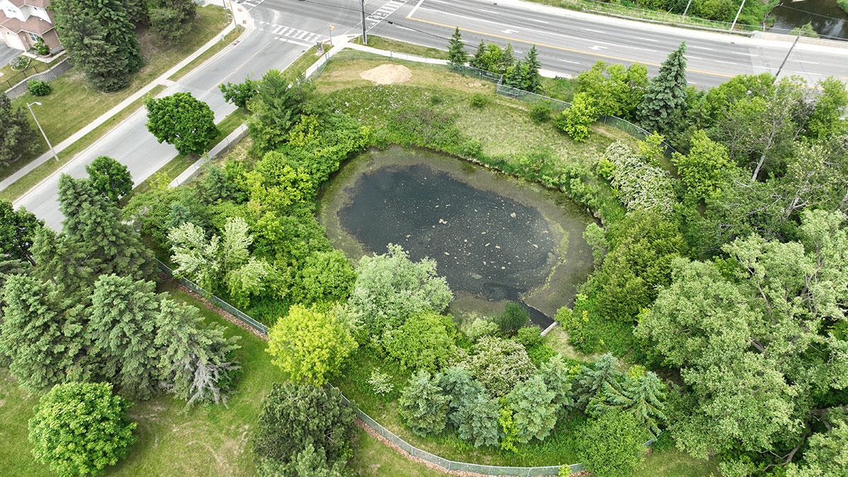 Aerial view of a stormwater management pond