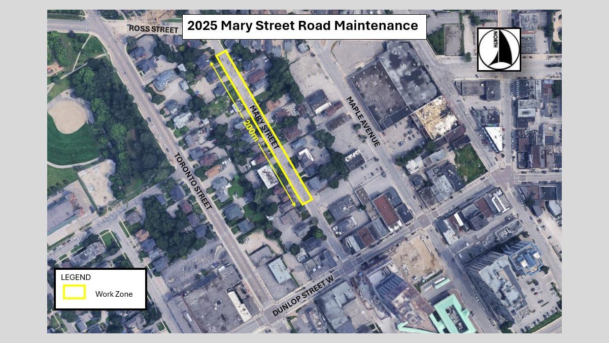 Map outlining a section of Mary Street between Ross and Dunlop