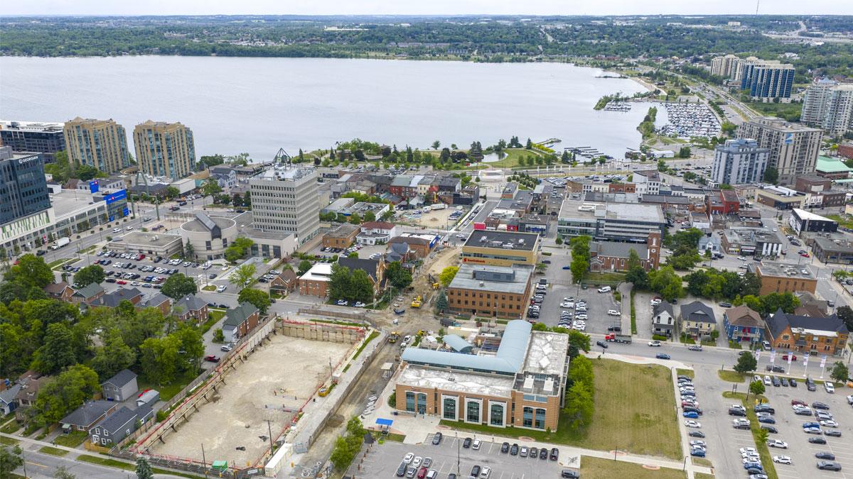 Aerial view of construction on Owen Street (Collier to McDonald)