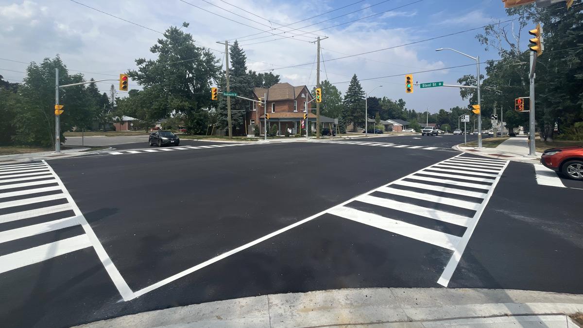 Freshly painted intersection markings at Duckworth Street and Steel Street