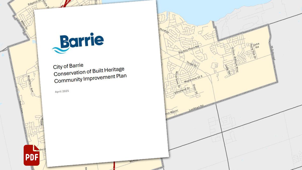 Cover of Heritage CIP over map of Barrie | Text: Conservation of Built Heritage Community Improvement Plan
