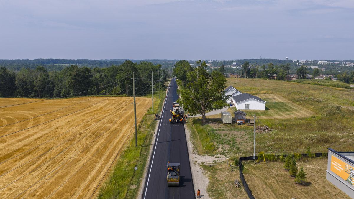 Aerial view of paving taking place