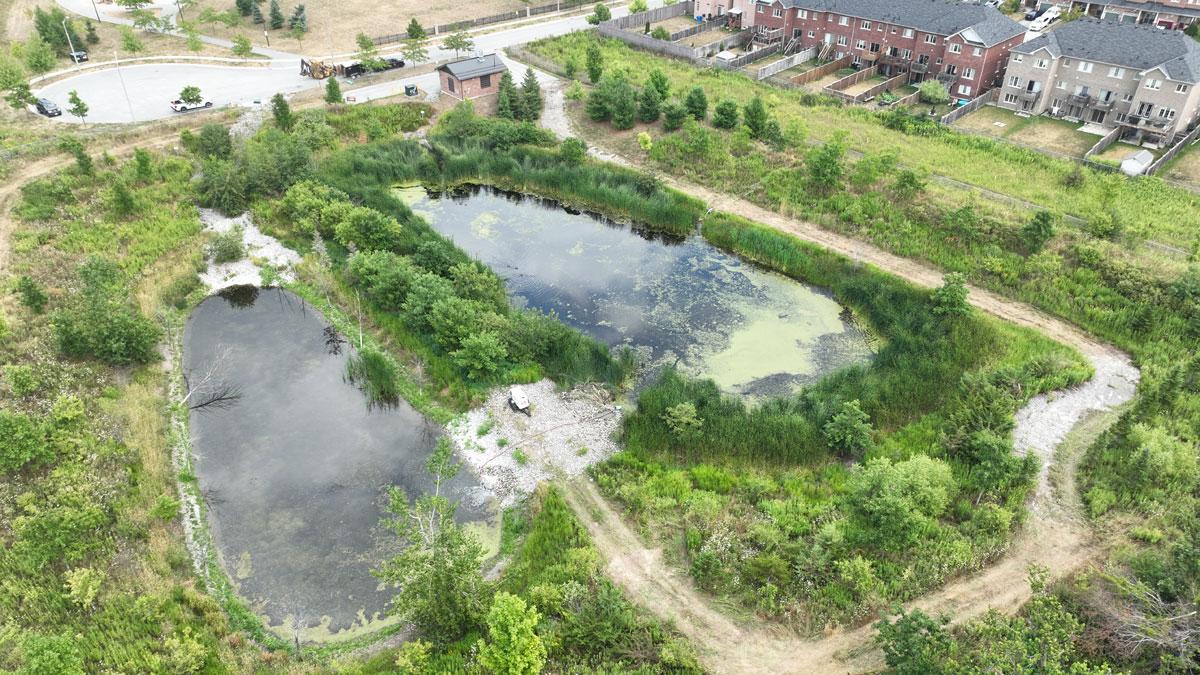 Aerial view of storm management pond