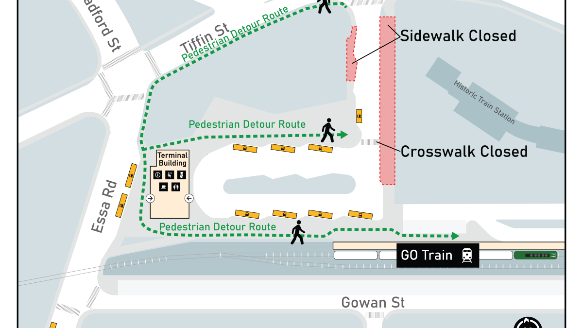 The sidewalks from Tiffin Street and Lakeshore Drive are under construction. Pedestrian access to the terminal is currently available from Essa Road.